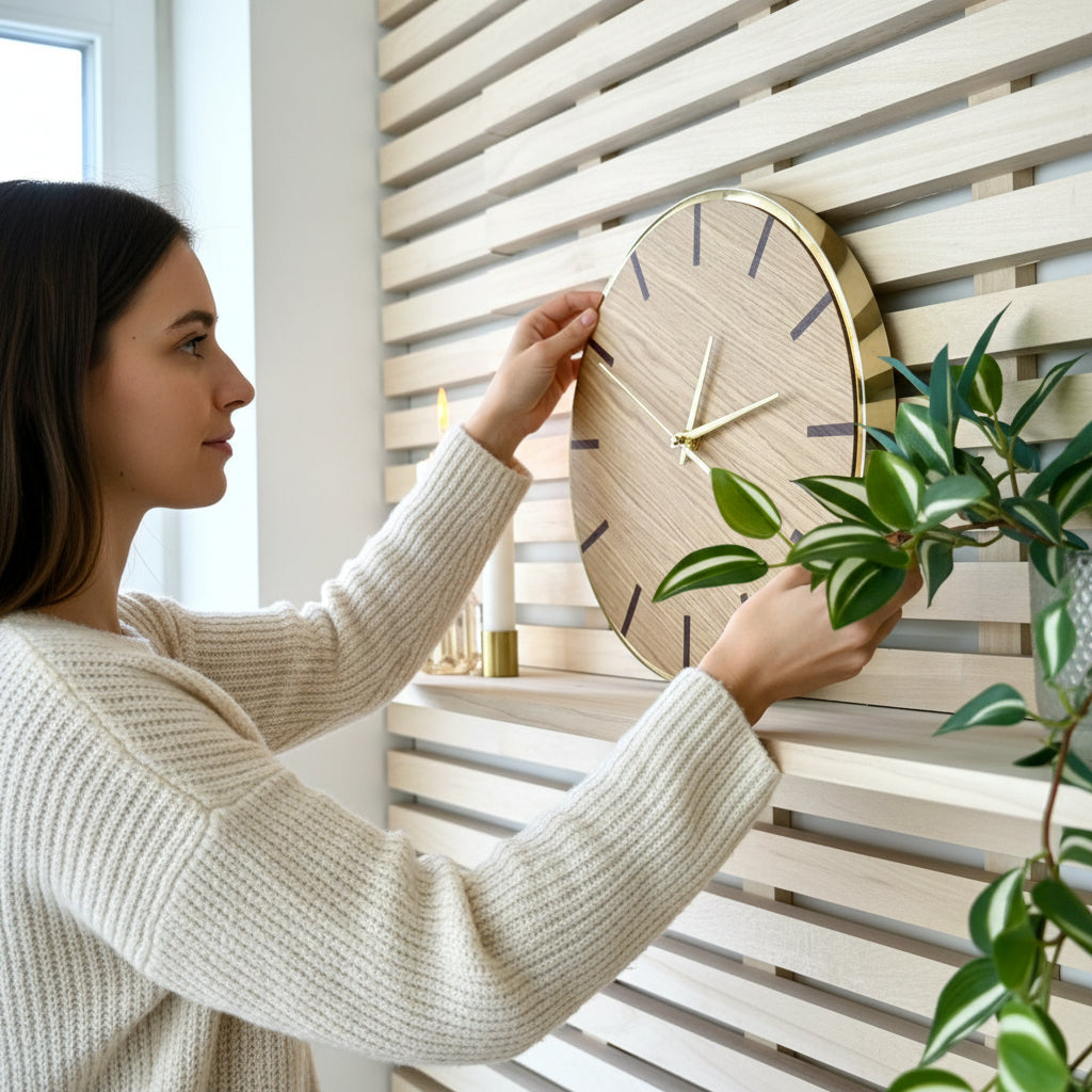 JUNOHR Elegant vægur | Eg med guld spejl akryl, elegant design, forskellige størrelser