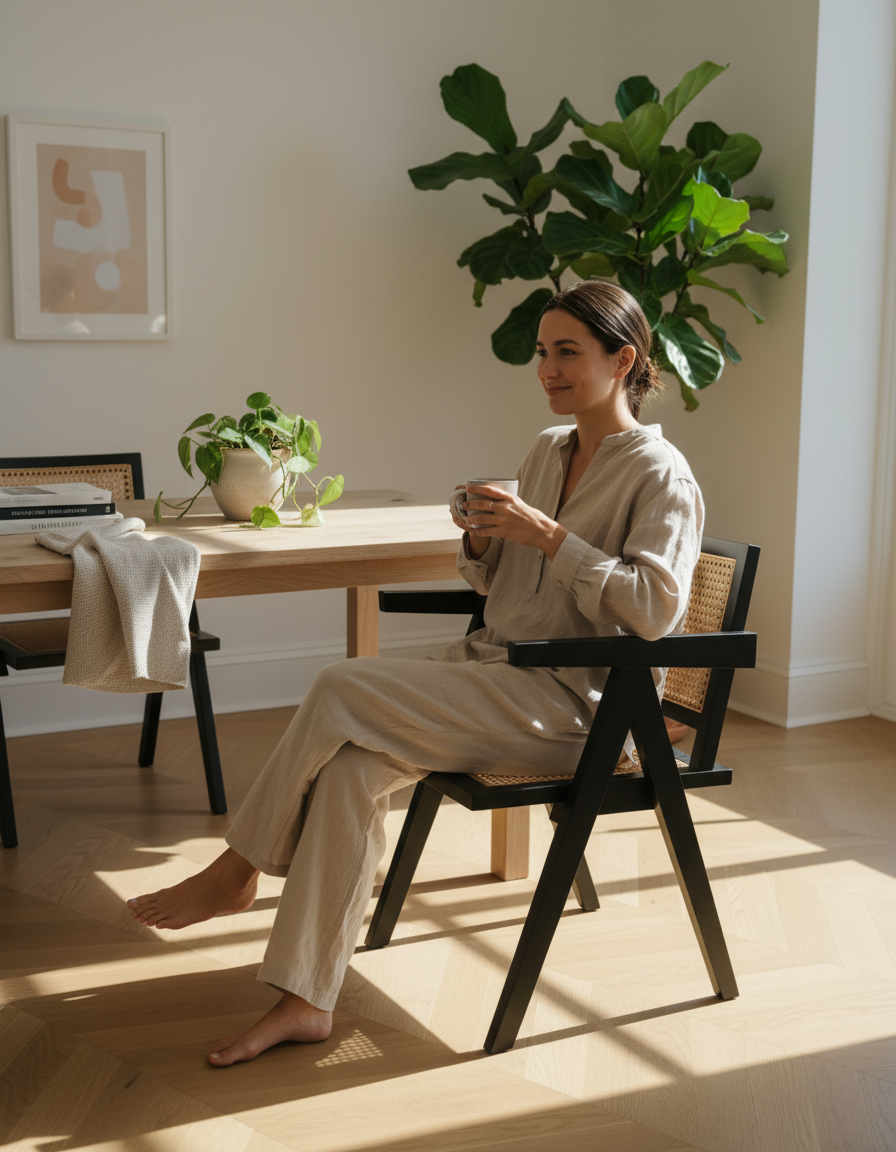 SYLFORM Elegant Spisestuestol med Rattan og Mahogni